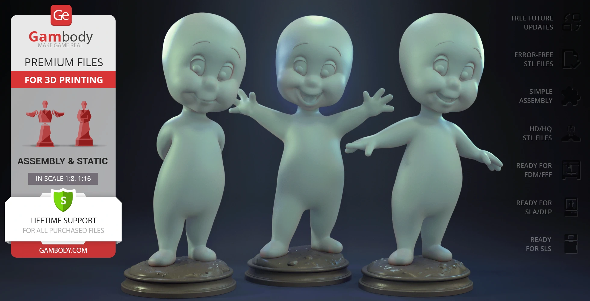 Three cartoon ghost figurines on bases, in different expressive standing poses.