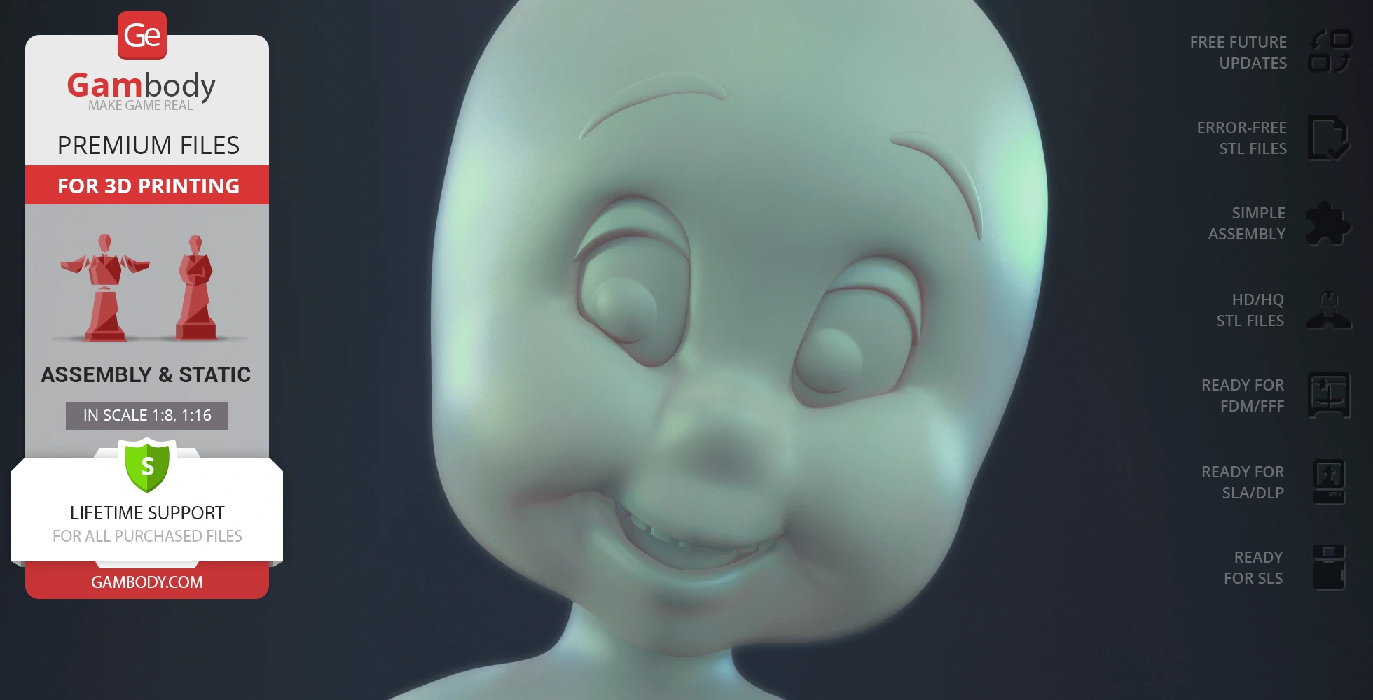 3D model close-up of a smiling ghostly character’s face, ready for printing with support details.