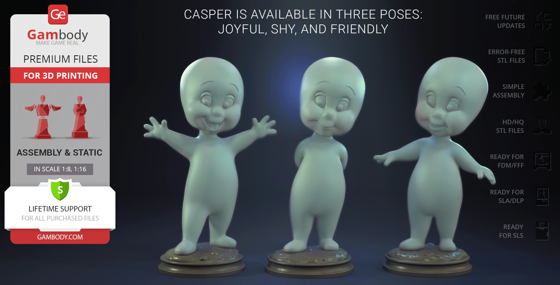 Three 3D-printed models of a playful ghost character in various poses: joyful, shy, and friendly.