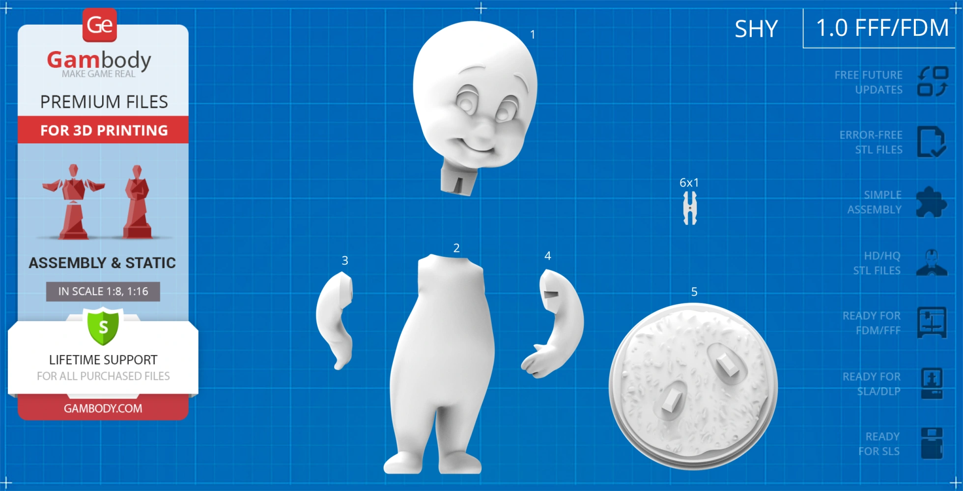 3D printable Casper with separate head, body, arms, and base on blueprint-like background.