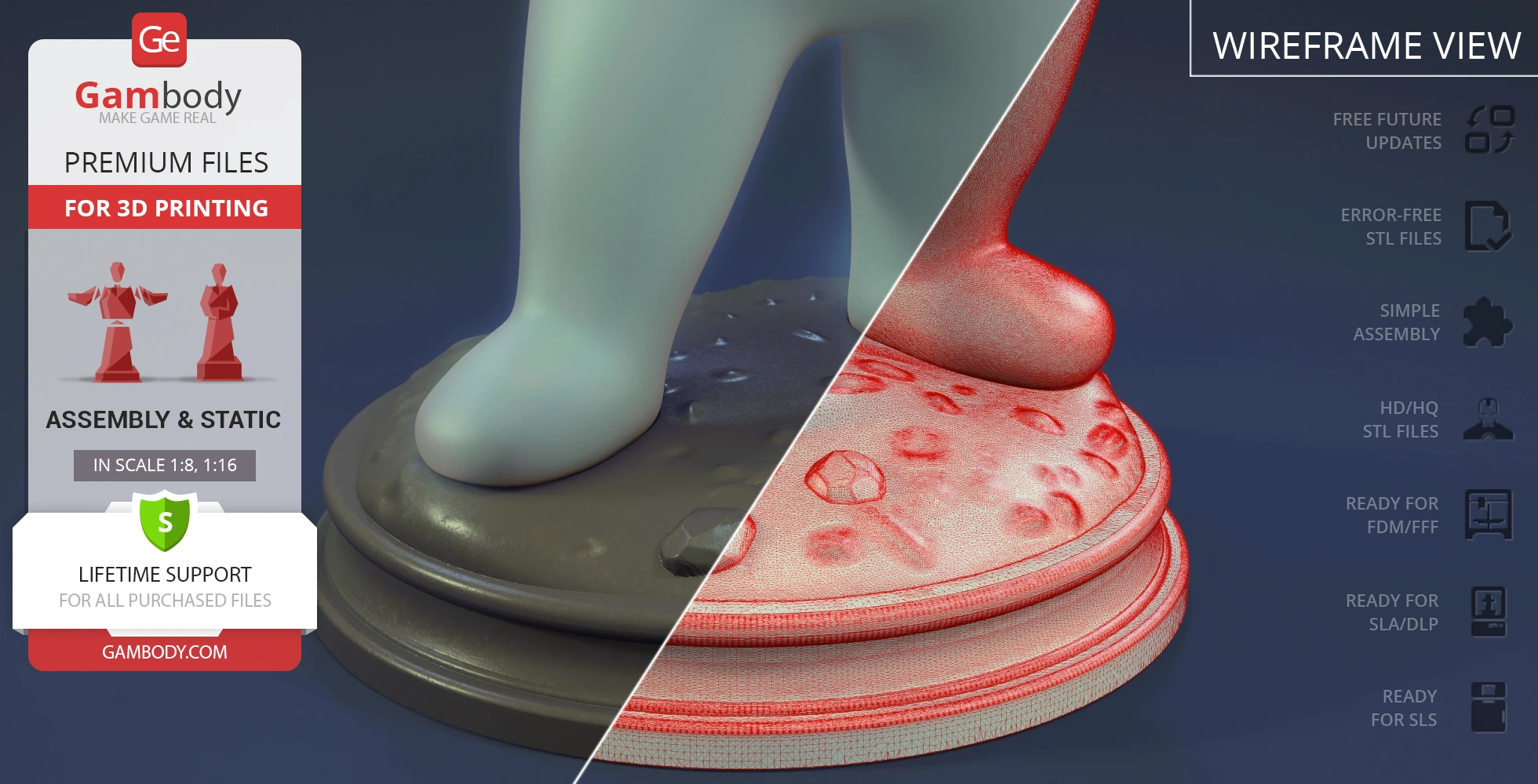 A close-up of a 3D model's feet on a textured base, with a wireframe view on the right.