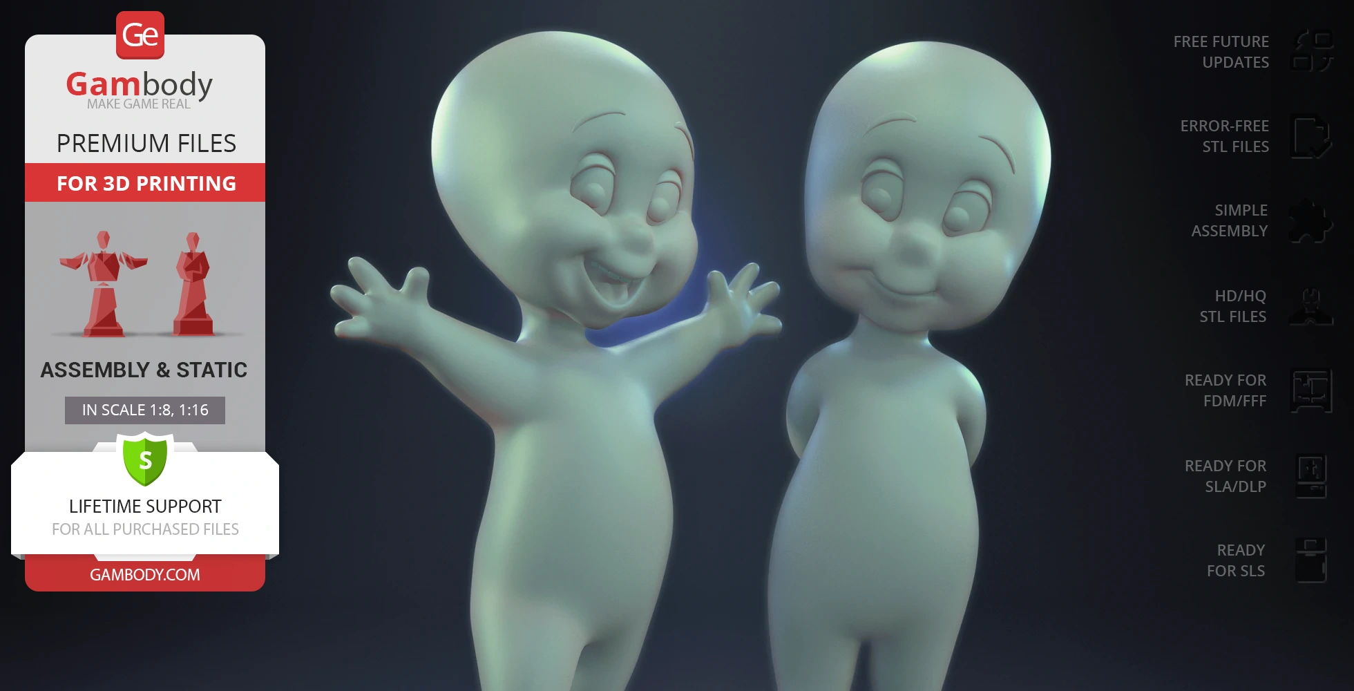 A 3D model of a friendly, smiling ghost with arms outstretched, ready for 3D printing.