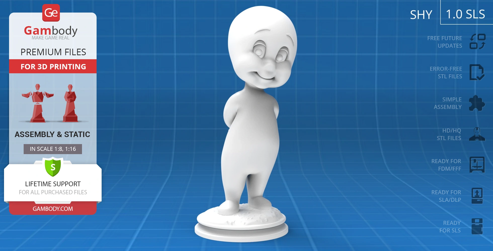 Cute ghost figure standing on a base, hands behind back, with a shy expression, ready for 3D printing.
