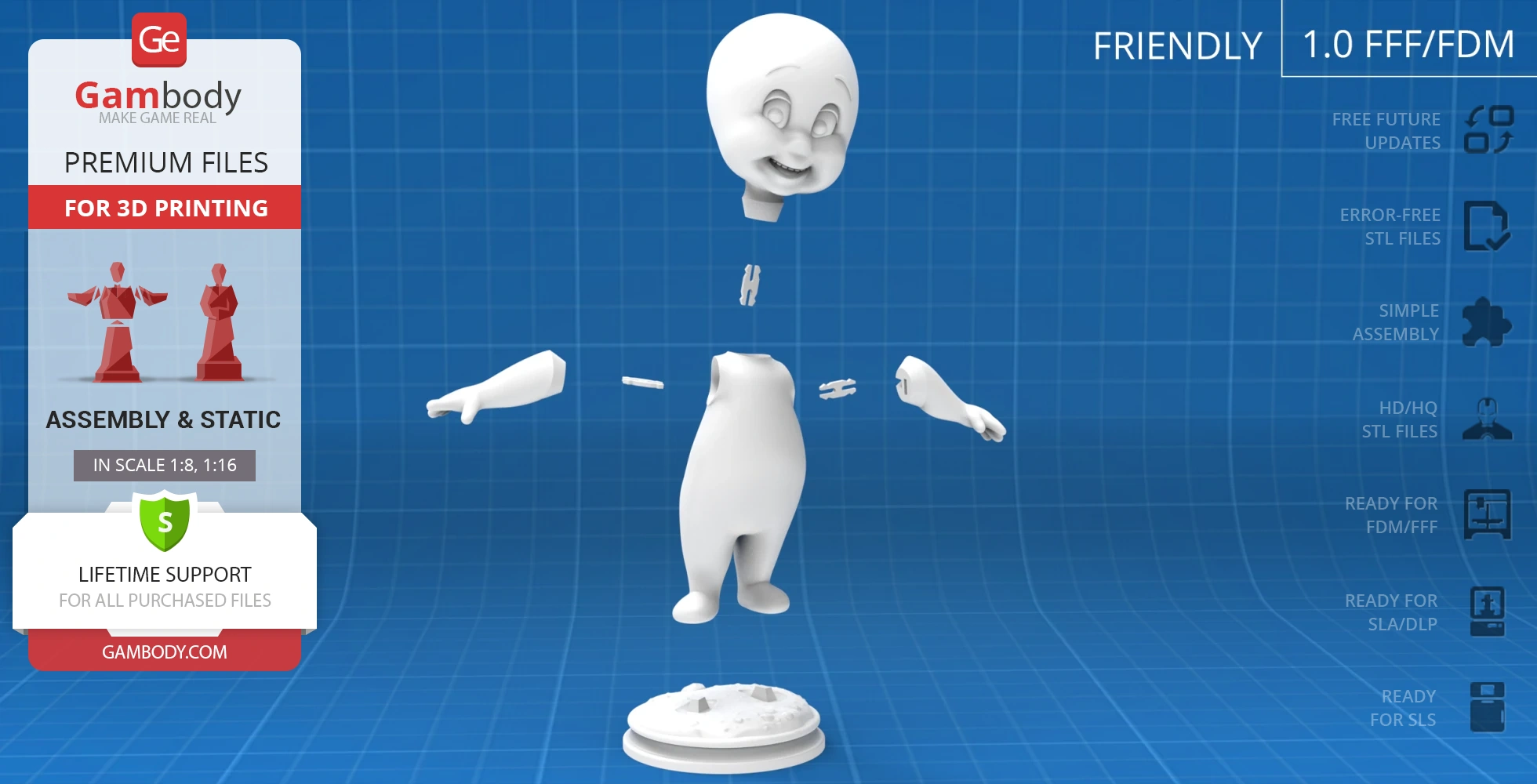 Disassembled 3D model of a smiling ghost character for 3D printing, shown on a blue grid background.