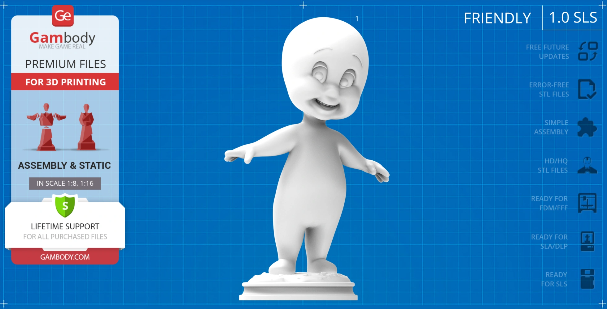 A 3D model of a cartoon ghost standing on a base, arms outstretched, likely Casper for printing.
