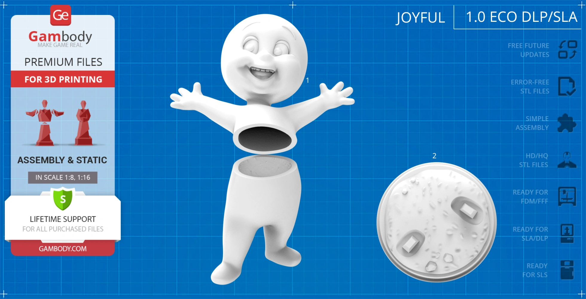 Smiling cartoon ghost model in two parts, arms outstretched, for 3D printing assembly.