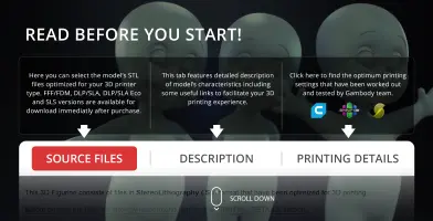 Three ghostly figures in the background with text about 3D model files and printing guidance.