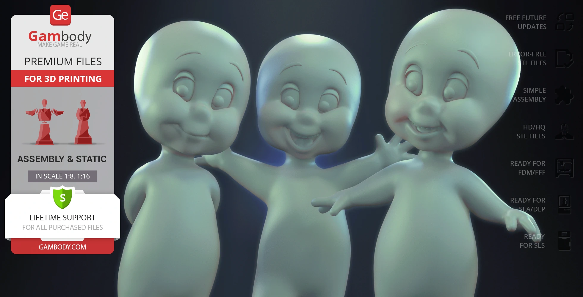 Three cartoon ghost figures in a playful standing pose, designed for 3D printing.