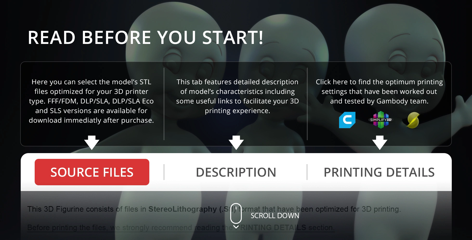 Three ghostly figures in the background with text about 3D model files and printing guidance.