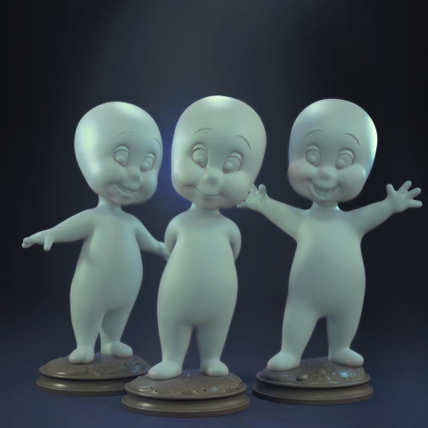 Three ghostly cartoon figures with friendly expressions, standing and slightly varying their poses.