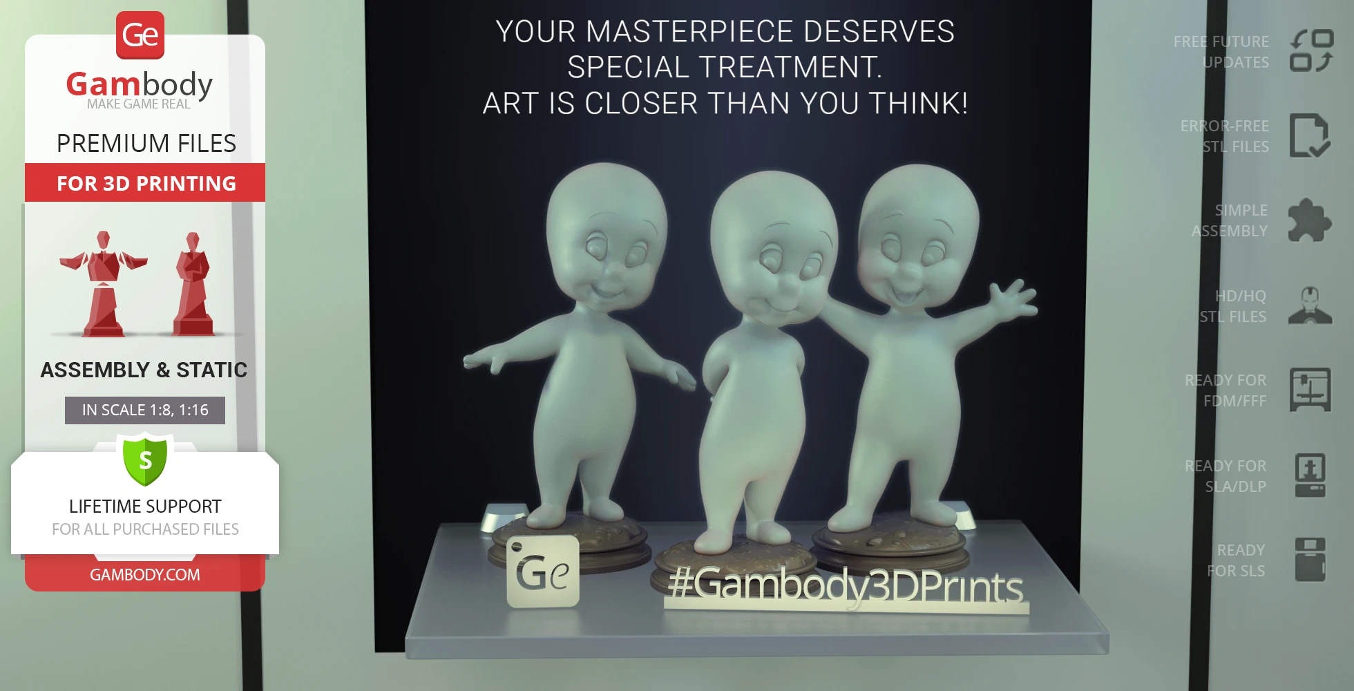 Three 3D-printed figures of Casper the friendly ghost in standing poses on display stands.