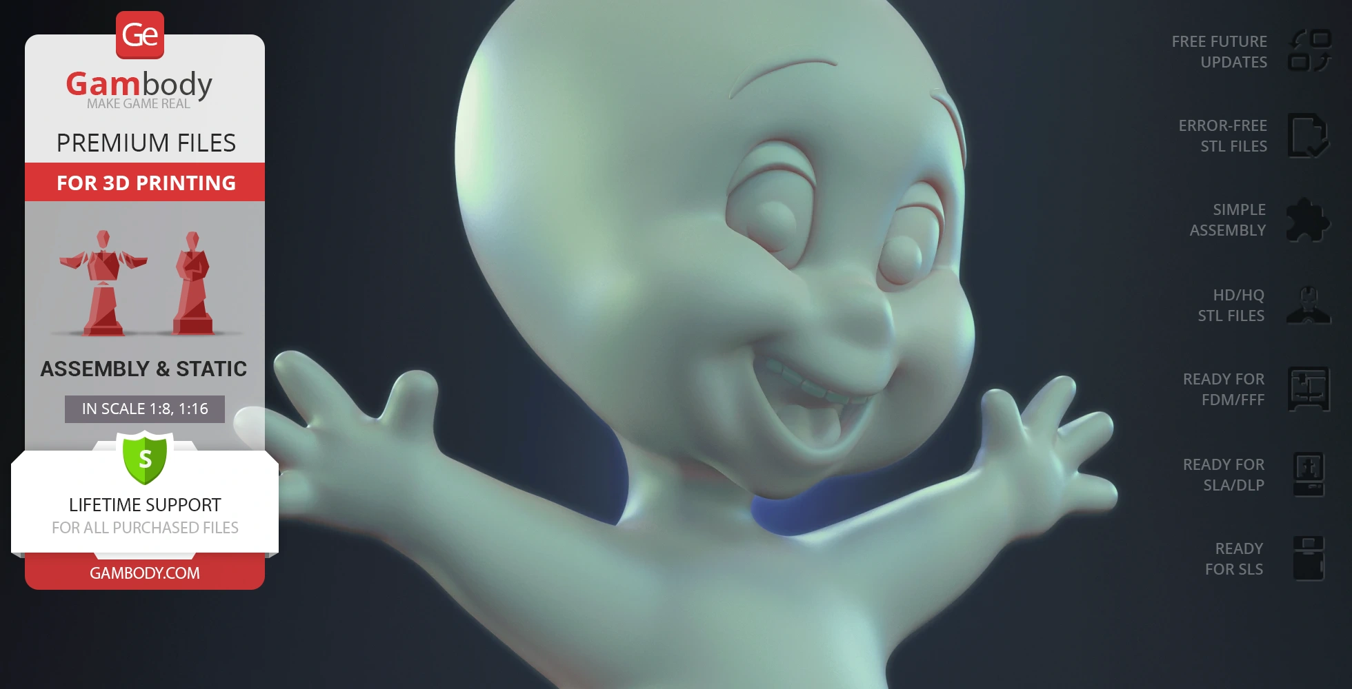 Smiling cartoon ghost with open arms, ready for 3D printing.