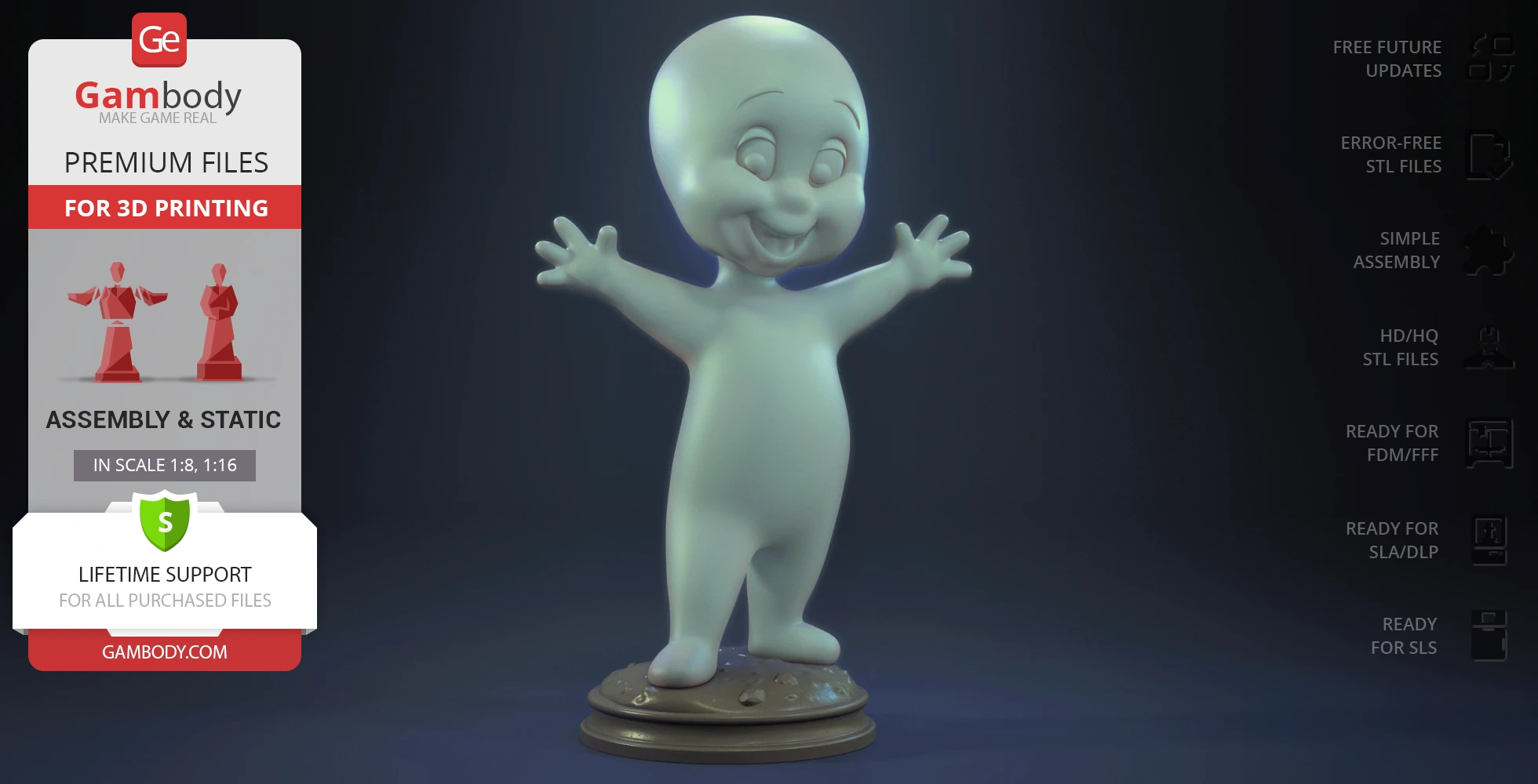 A cheerful ghost character with arms raised, standing on a textured base. Ideal for 3D printing.