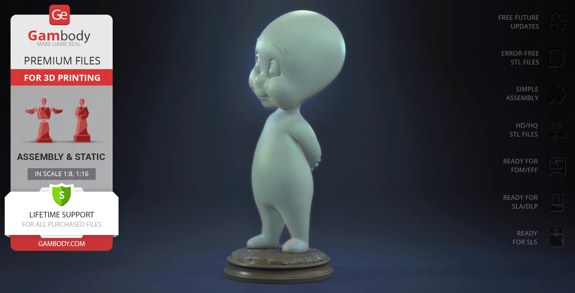 A cute ghost character in a standing pose on a decorated base, designed for 3D printing.