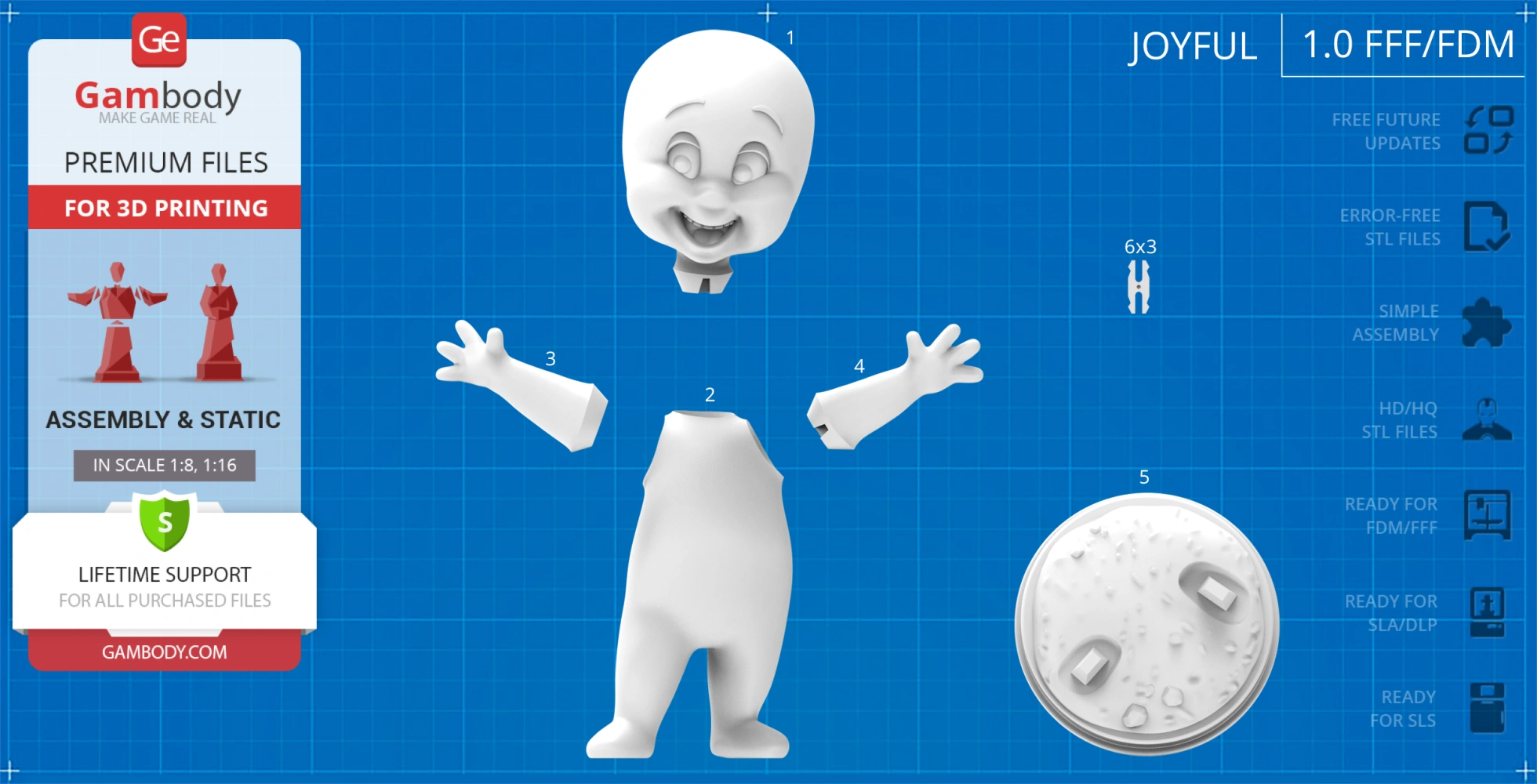 A segmented 3D model of a friendly ghost for assembly, shown on a blue grid background.