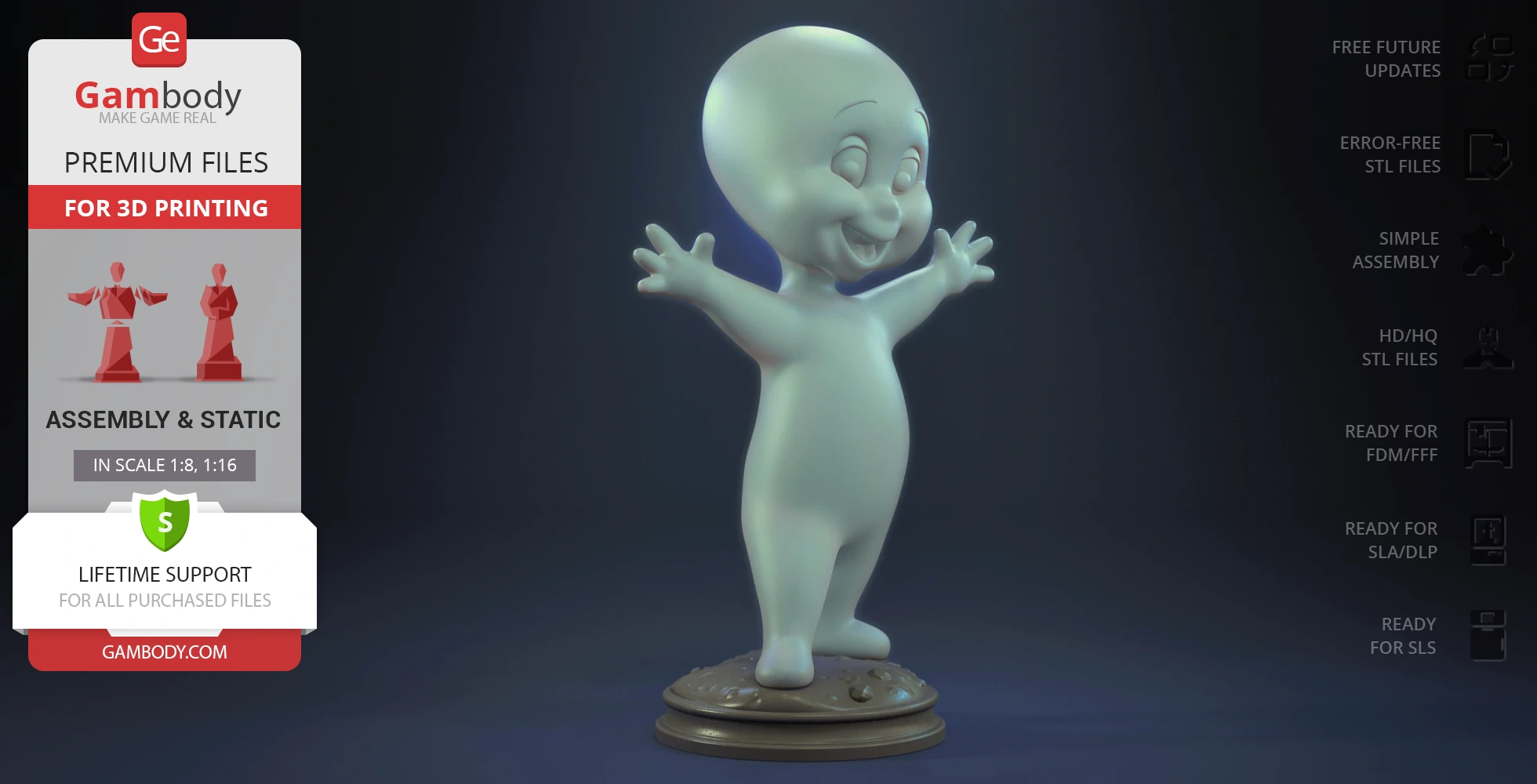 A joyful ghost-like character with outstretched arms, standing on a decorative base for 3D printing.