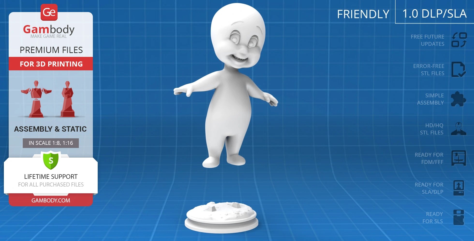 A cheerful ghost-like 3D model, standing with arms extended, for 3D printing.