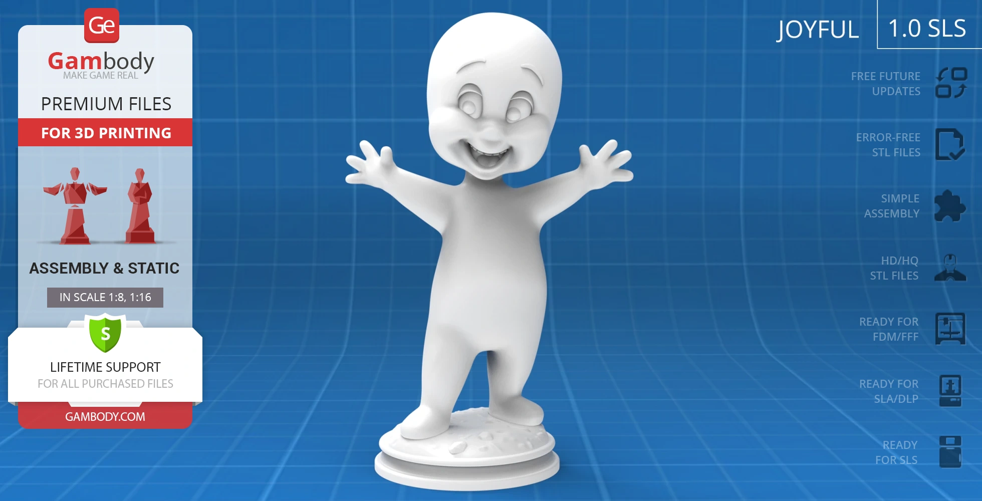 A 3D model of a cartoon ghost in a cheerful standing pose with outstretched arms on a round base.