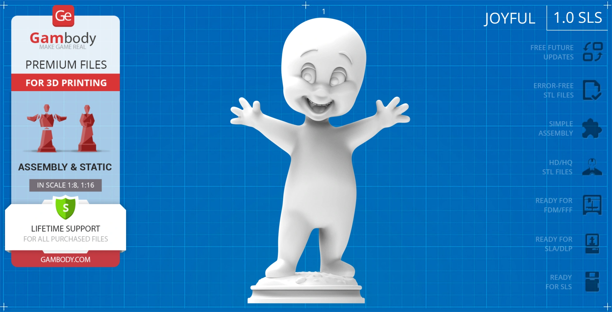 3D model of a smiling ghost with outstretched arms on a display stand.