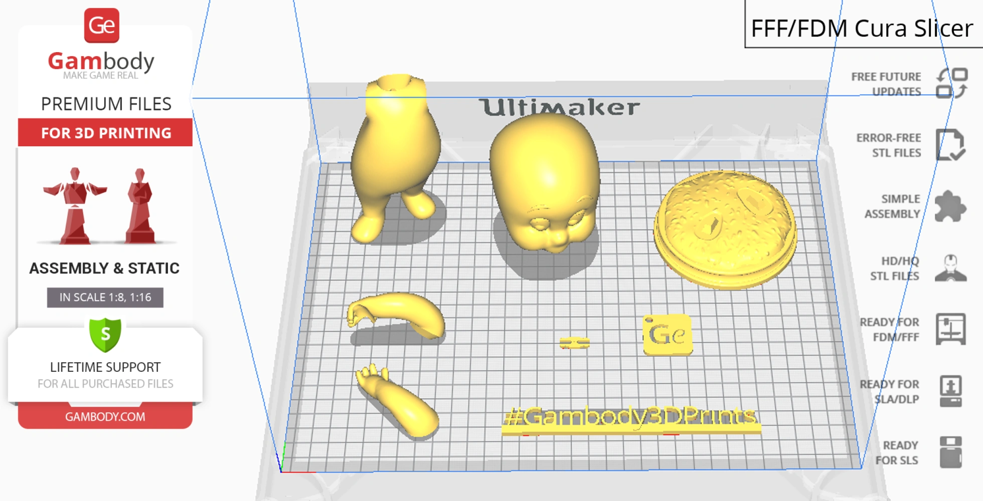 3D model pieces for a standing cartoon ghost, with body, head, arms, and a circular base arranged in a Cura slicer view.