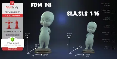 Two Casper 3D models, standing pose, scaled at 1:8 and 1:16, on display with dimensions noted.