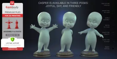 Three 3D-printed models of a playful ghost character in various poses: joyful, shy, and friendly.