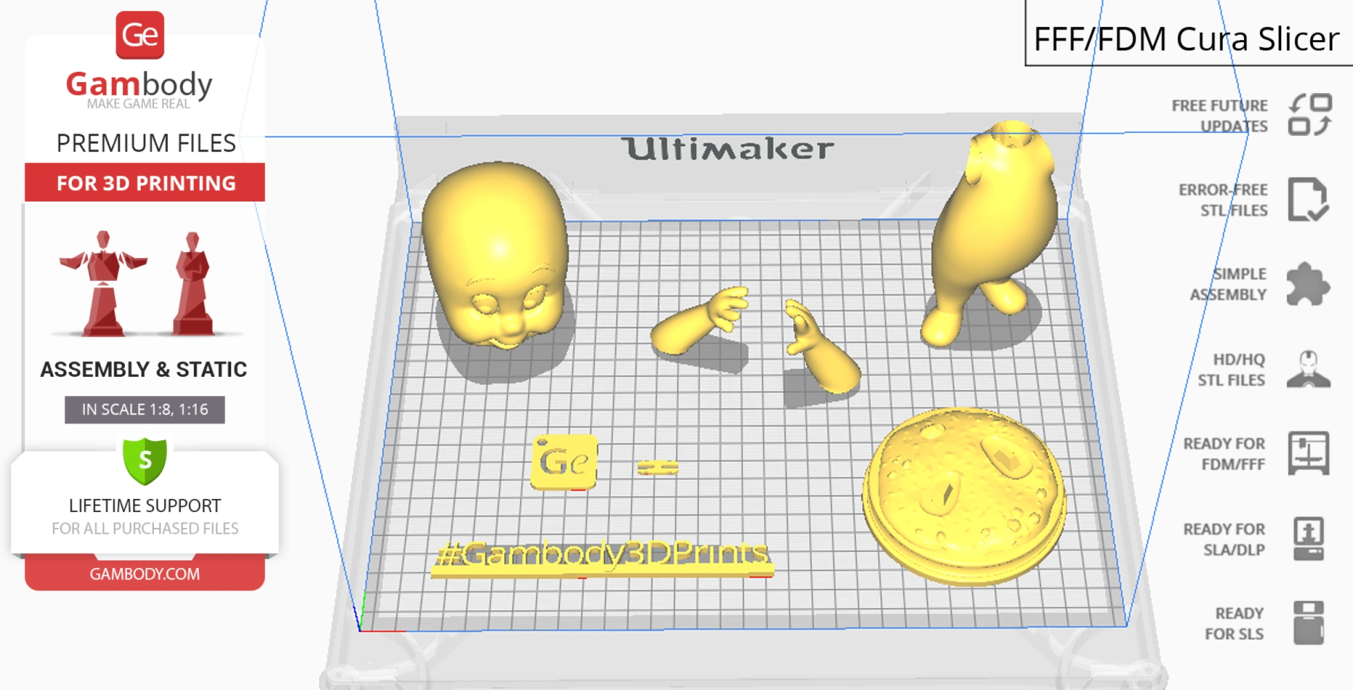 3D printed parts of a cartoonish ghost, including head, body, arms, and base with text '#Gambody3DPrints'.