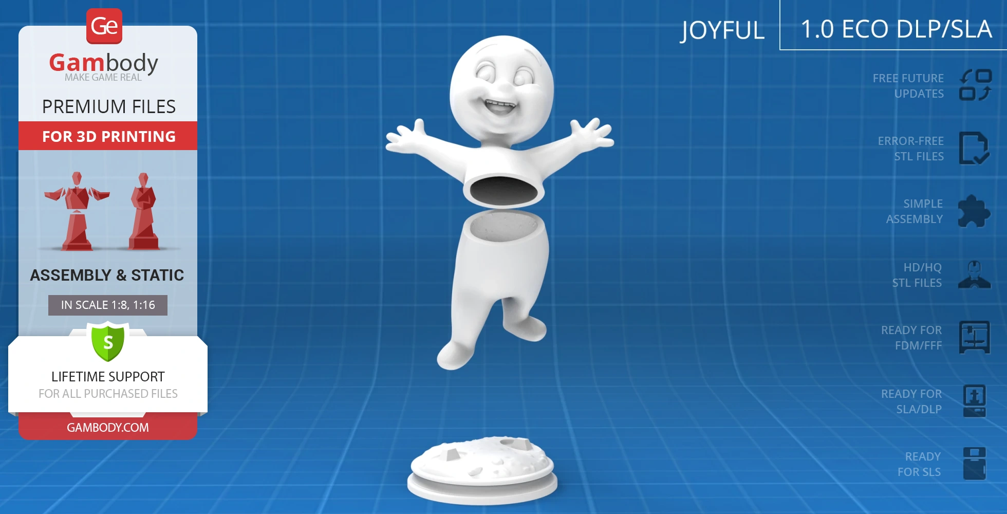 Joyful white 3D ghost figure with arms outstretched, in two parts over a round base.