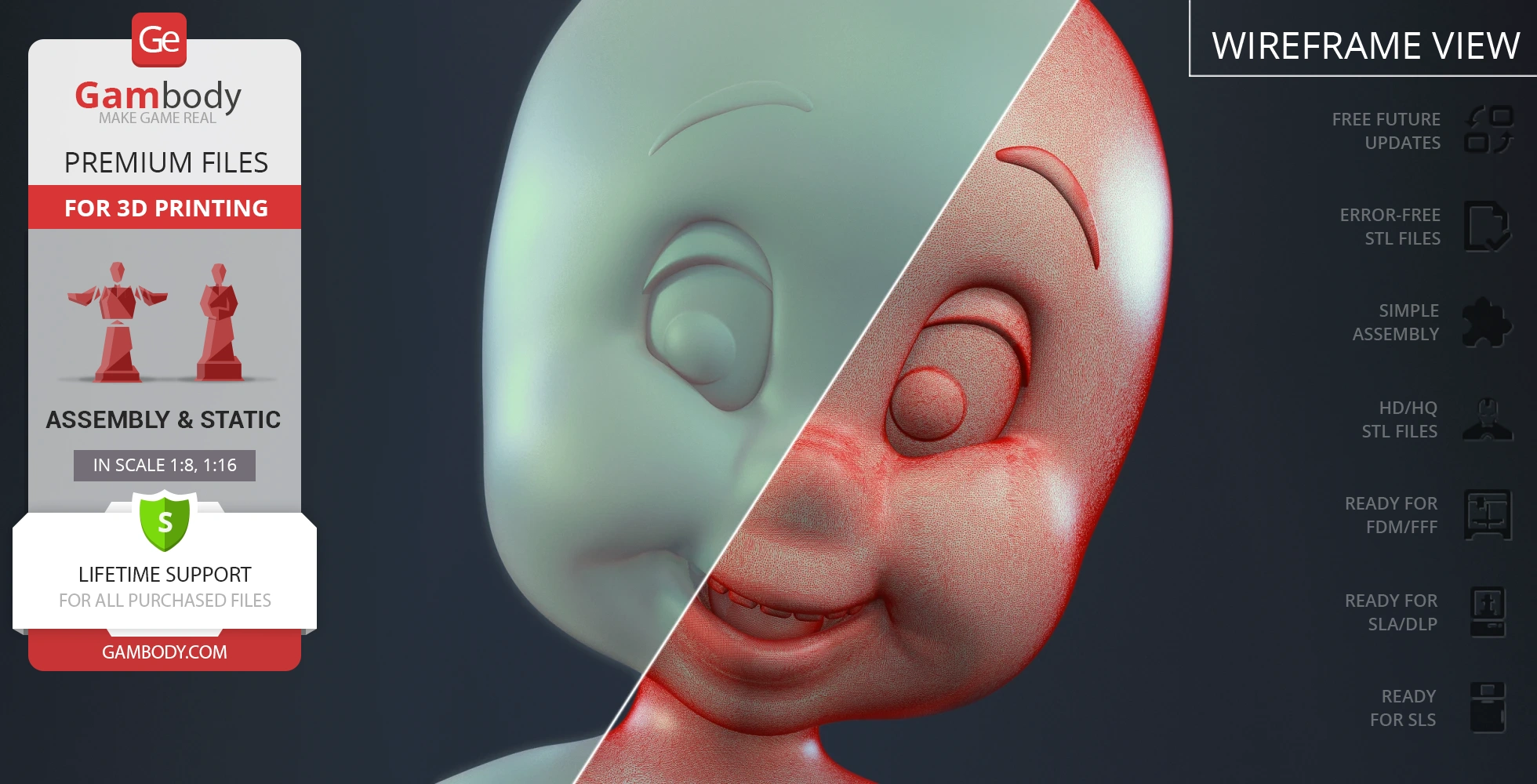 3D model of a cartoonish ghost character, shown in solid and wireframe views, for 3D printing.