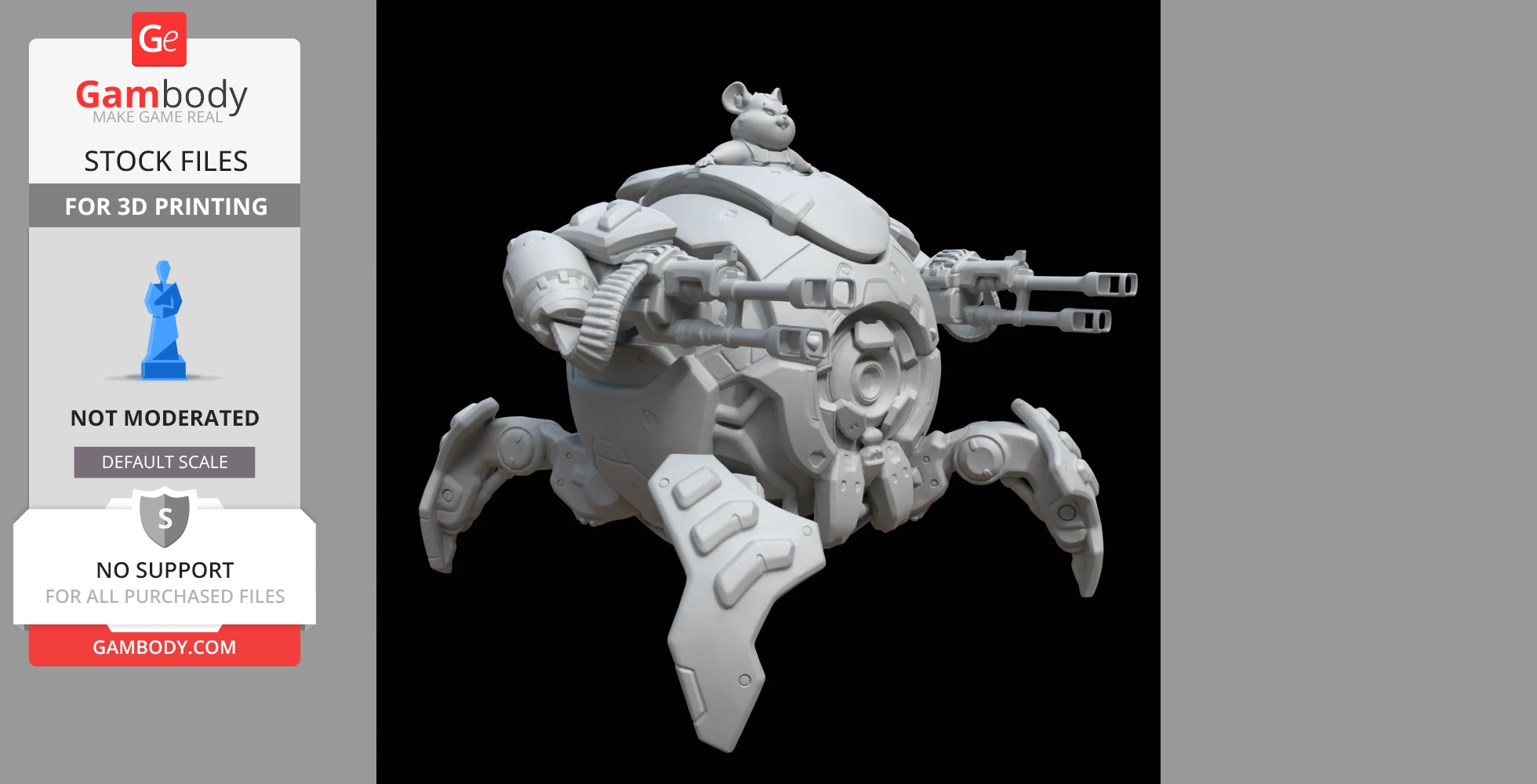 Robotic hamster in a mech with guns and legs, inspired by Overwatch, for 3D printing.