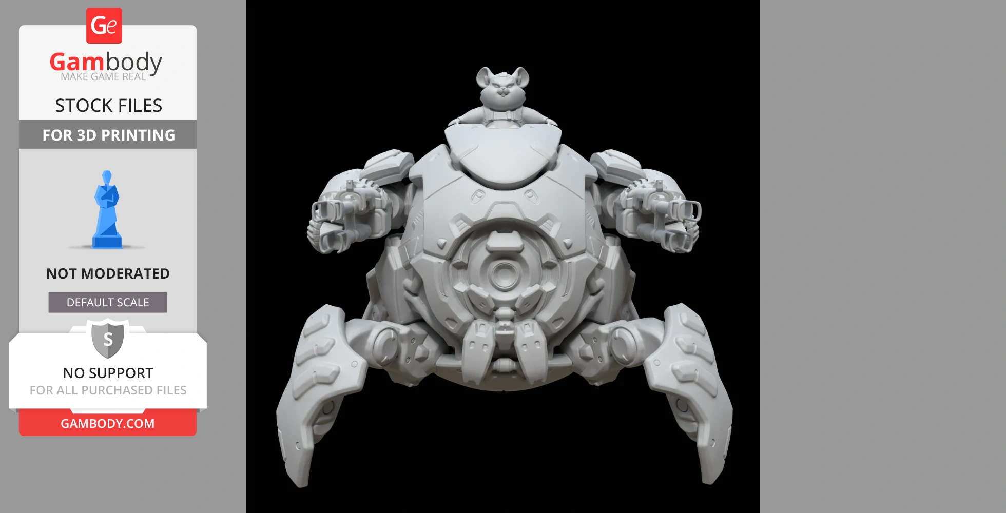 A spherical mech with a hamster on top, featuring detailed armor and legs, ready for 3D printing.