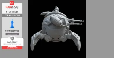 Robotic sphere with legs and cannons, featuring a pilot animal on top, inspired by Overwatch's Wrecking Ball.