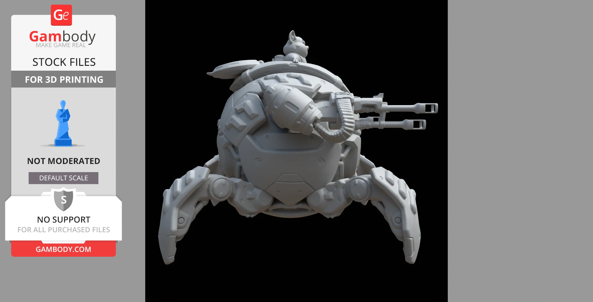 Robotic sphere with legs and cannons, featuring a pilot animal on top, inspired by Overwatch's Wrecking Ball.