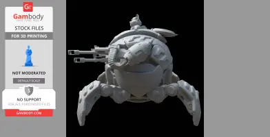 Spherical mech with mounted guns and a small character on top. Inspired by Overwatch's Wrecking Ball.