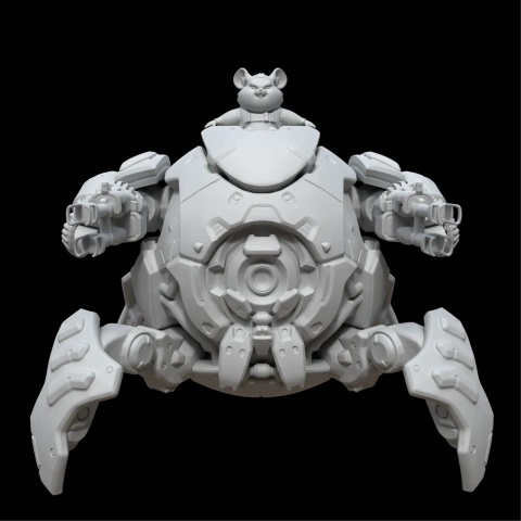 Spherical mech with arms and a small character on top, inspired by Overwatch's Wrecking Ball.