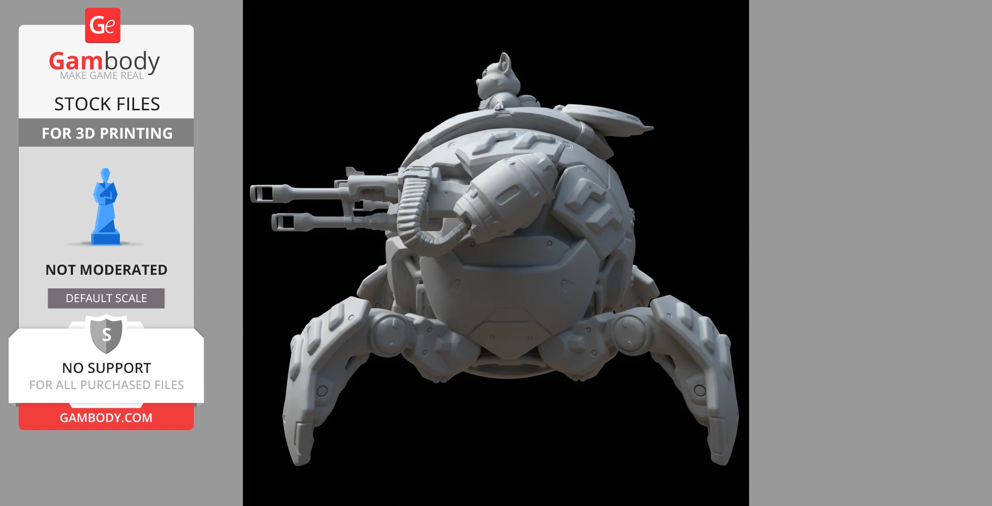 Spherical mech with mounted guns and a small character on top. Inspired by Overwatch's Wrecking Ball.