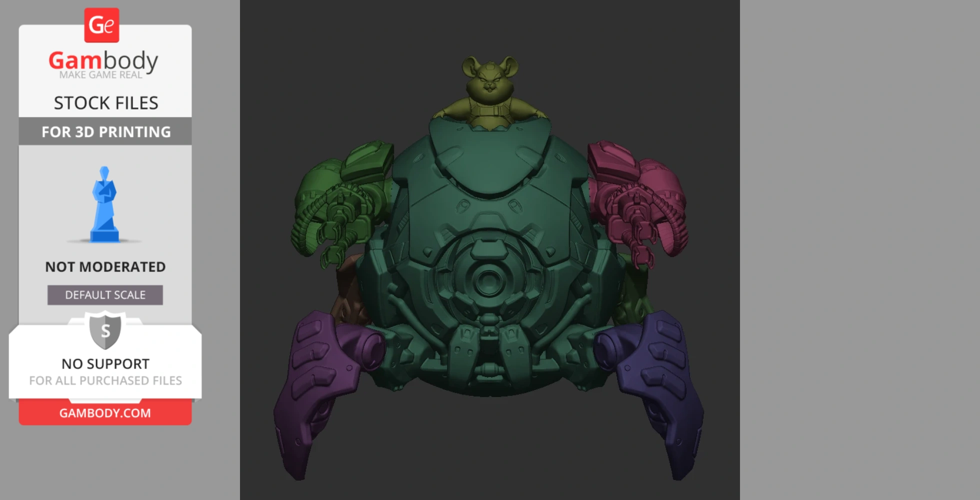 A multi-colored mech with a small creature on top, designed for 3D printing, inspired by Overwatch.