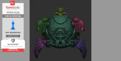 A multi-colored mech with a small creature on top, designed for 3D printing, inspired by Overwatch.