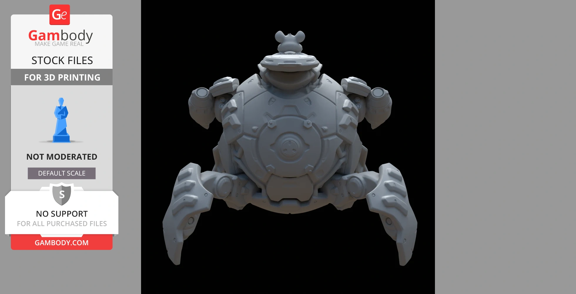 Spherical mech robot with four legs and turret, inspired by Overwatch's Wrecking Ball.