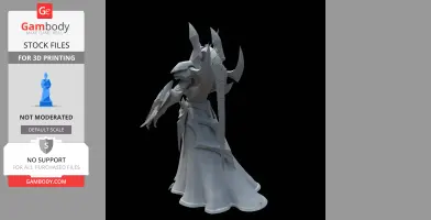 Intricate 3D model of a cloaked character with angular armor and head spikes, designed for printing.