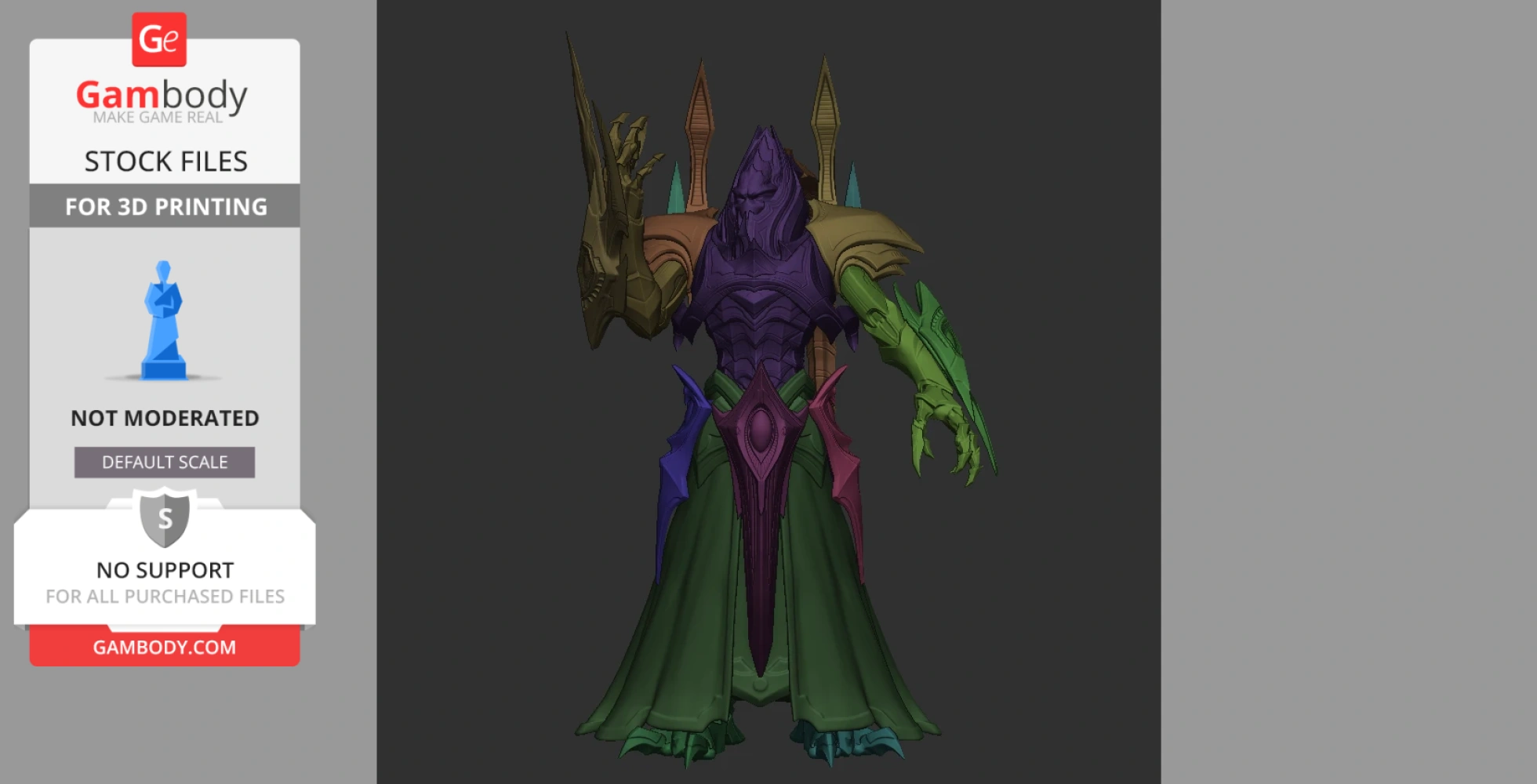 A colorful 3D print model of an armored, humanoid figure with ornate details and pointed shoulder spikes.