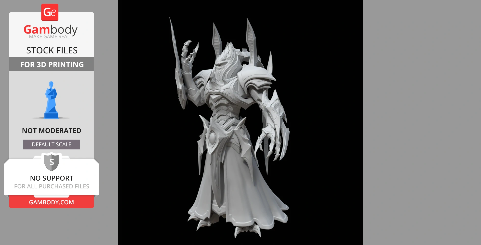 Armored alien warrior with spiked armor and flowing robe, striking a dynamic pose for 3D printing.