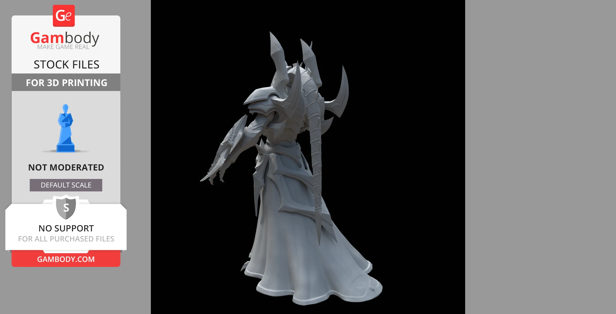 Intricate 3D model of a cloaked character with angular armor and head spikes, designed for printing.