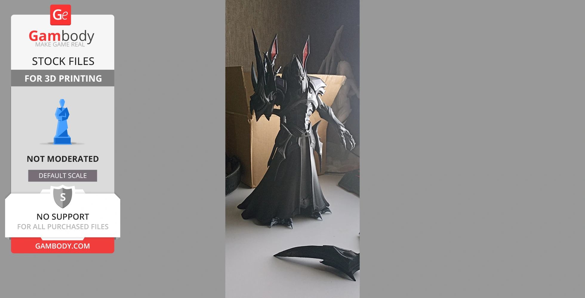 A detailed 3D model of a sci-fi armored figure with sharp, angular features, standing on a table.