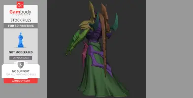 Armored character in green, purple, and gold with intricate details and large back spikes.