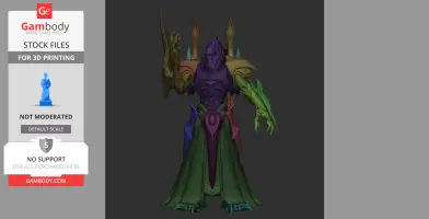 A colorful 3D print model of an armored, humanoid figure with ornate details and pointed shoulder spikes.