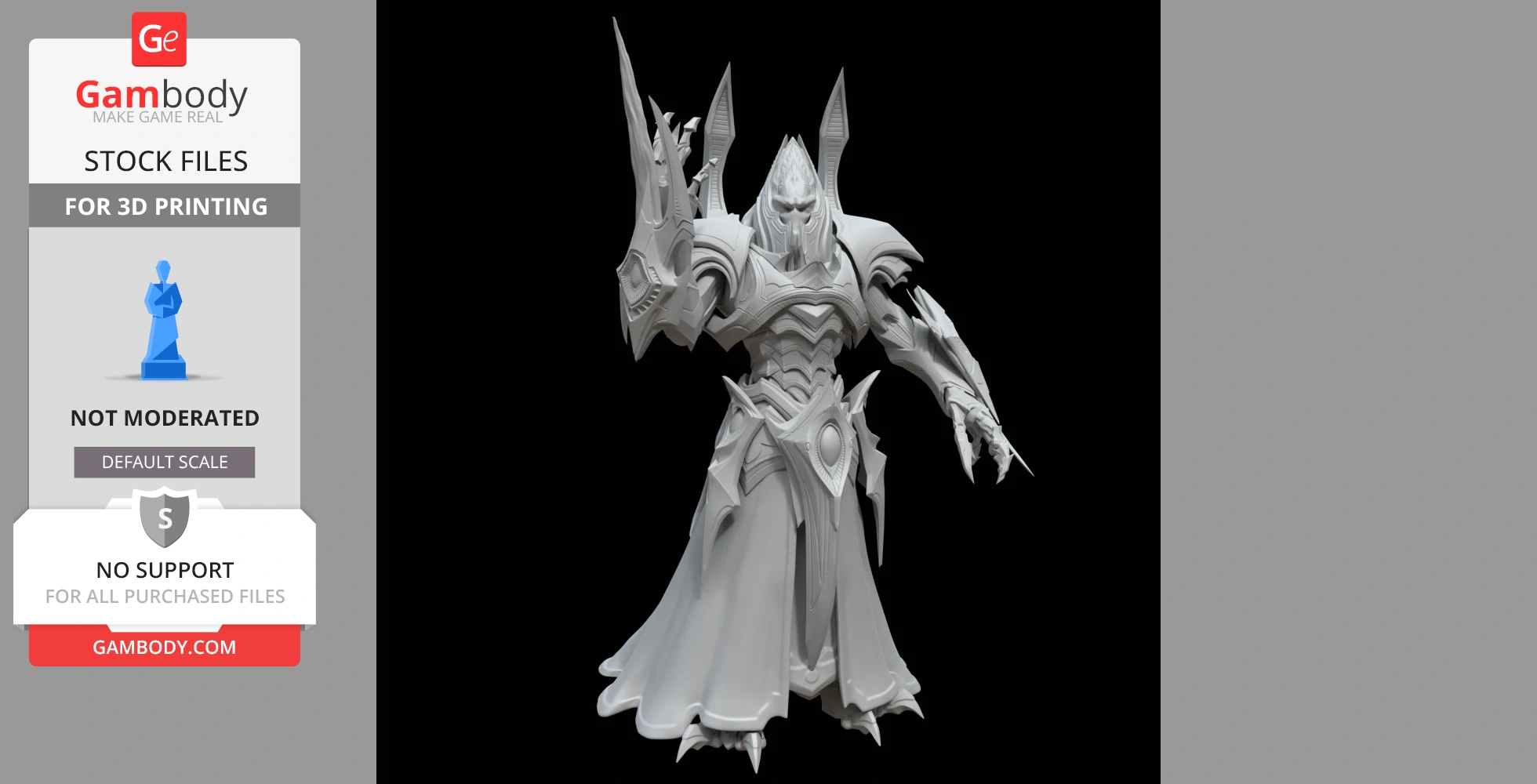 Ornate armored figure with sharp, angular features and an imposing stance. Suitable for 3D printing.