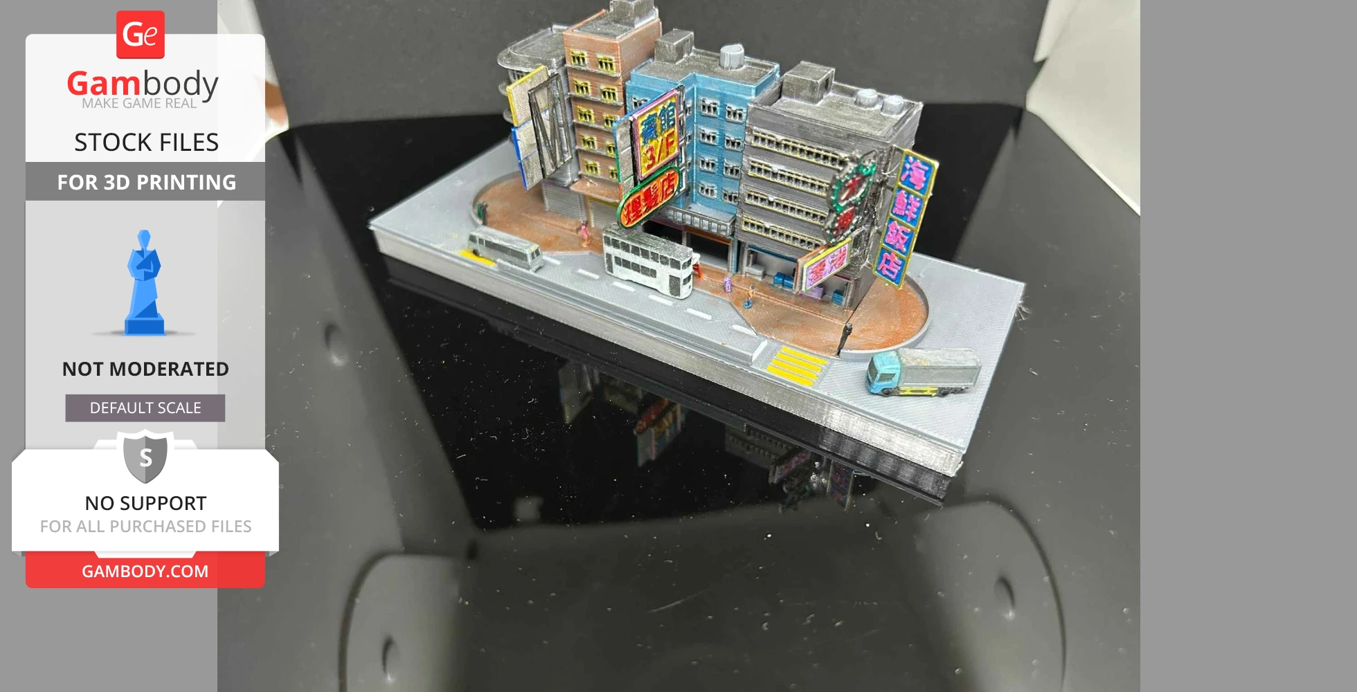 Miniature Hong Kong street scene with colorful buildings and signage, featuring a tram and vehicles.