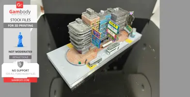 3D printed model of a Hong Kong street scene with colorful buildings and vehicles.