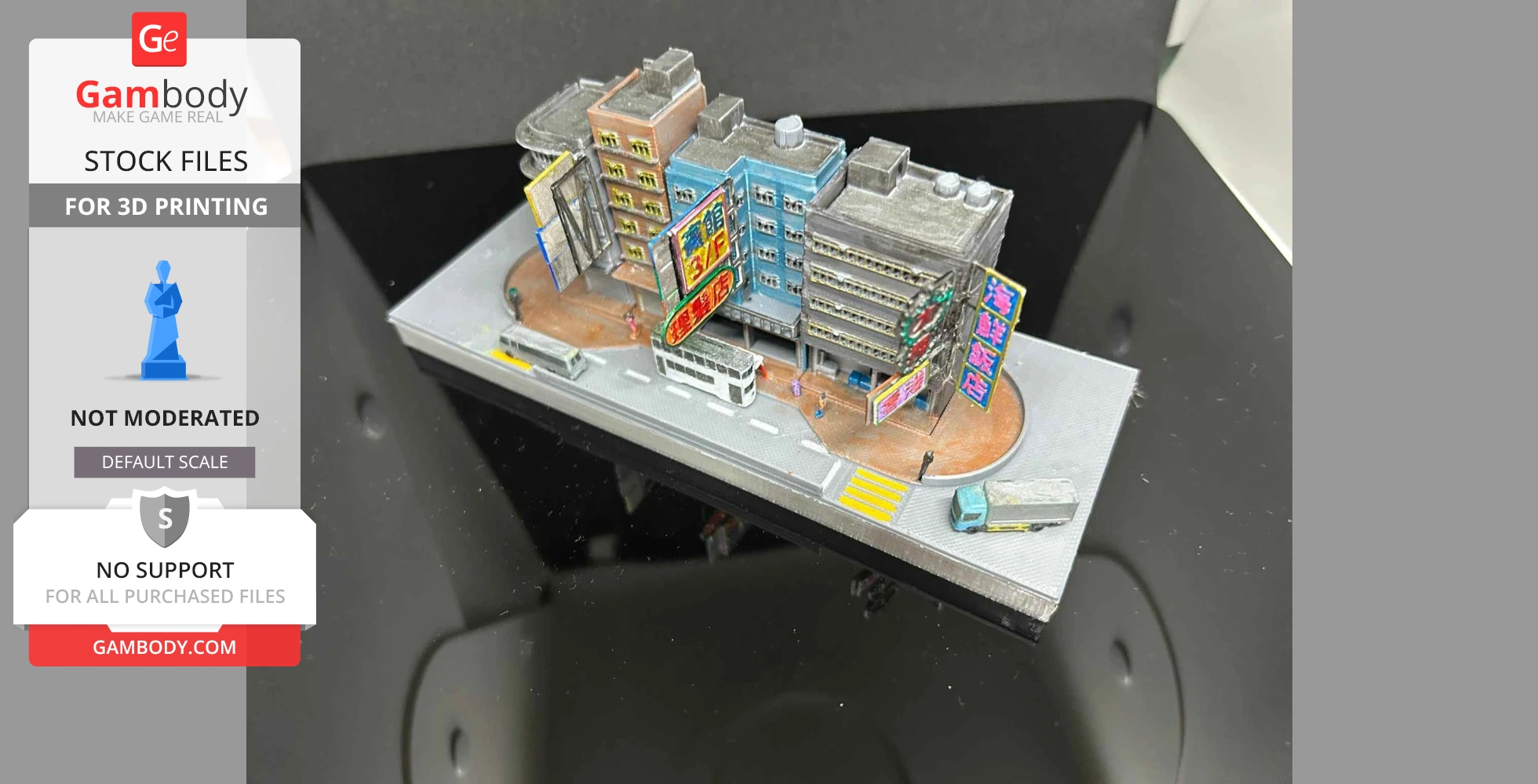 Miniature model of Hong Kong buildings with colorful signs and vehicles on a street base.